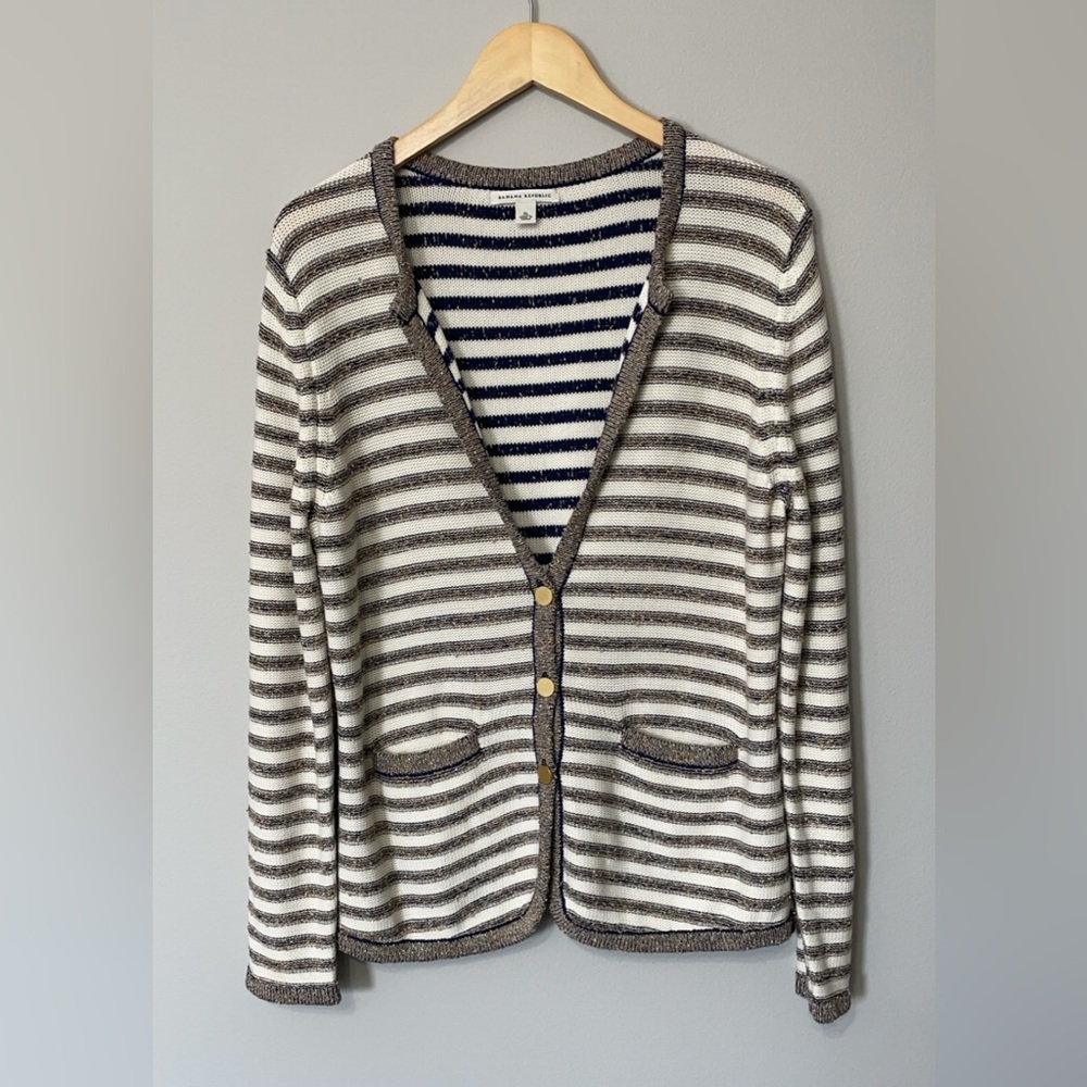 BANANA REPUBLIC Women's Size XL White/Navy Gold Metallic Cardigan Sweater